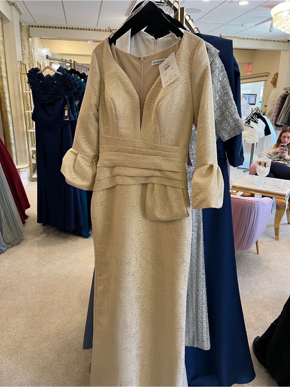 Cameron Blake Ivory and Gold Ballgown